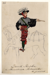 32717 Afbeelding van een kostuumontwerp van de Munsterse ritmeester Derck Keteler, figurant in de maskerade van de ...